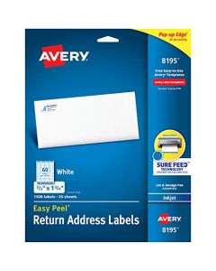 Avery Return Address Labels with Sure Feed for Inkjet Printers 2/3" x 1-3/4" 1,500 Labels Permanent Adhesive (8195) White 8195