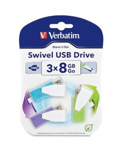 Verbatim 8GB Swivel USB Flash Drive 3pk Blue, Green, Violet 8 GB Violet, Blue, Green 3 Pack Swivel, Capless SWIVEL DESIGN BLUE GREEN PURPLE