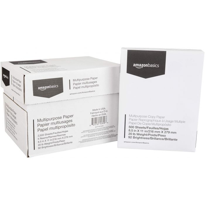 Basics Multipurpose Copy Printer Paper - White, 8.5 x 11 Inches, 5  Ream Case (2,500 Sheets)